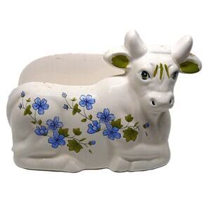 VTG Ceramic Blue Bell White Cow Napkin Holder Really Cute SEE Defects on Back